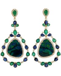 Artisan - 18k Solid Gold In Pear Cut Sapphire & Emerald With Opal Doublet Pave Diamond Dangle Earrings - Lyst
