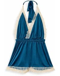 Noblesse Oblige - Petrol Lace Trimmed Halter Neck Short Romper - Lyst