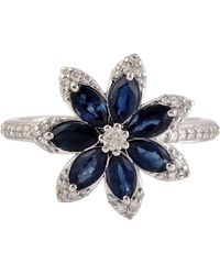 Artisan - 18k White Gold In Marquise Cut Blue Sapphire & Pave Diamond Magnolia Flower Ring - Lyst
