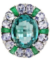 Artisan - 18k White Gold In Pave Diamond & Oval Cut Zirconia With Tanzanite Baguette Emerald Ring - Lyst