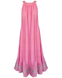 Haris Cotton - Neutrals Halter Neck Maxi Linen Dress With Embroidered Cotton Panels - Lyst