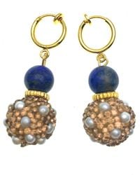 Farra - Round Lapis With Rhinestones Bordered Pearls Simple Dangle Clip On Earrings - Lyst