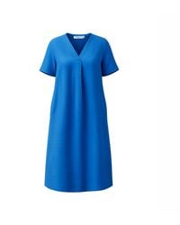 Haris Cotton - Notched Neckline Curve Linen Dress With Batwing Sleeve Sapphire - Lyst