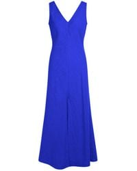 Haris Cotton - Maxi Linen Dress With V Neck Sapphire - Lyst