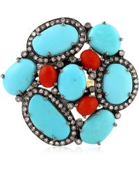 Artisan - Oval Cut Turquoise & Coral With Prong Diamond In 18k Gold 925 Silver Cocktail Ring - Lyst