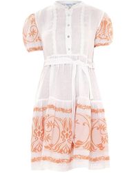 Haris Cotton - Half Button Belted Linen Dress With Embroidered Cotton Panel - Lyst