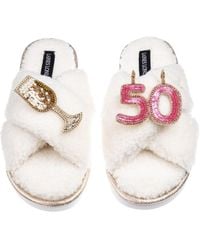 Laines London - Neutrals Laines Neutral Boucle Slippers With 50Th Birthday & Champers Brooches - Lyst