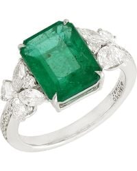 Artisan - 18k Solid White Gold In Emerald Gemstone & Diamond Beautiful Cocktail Ring - Lyst