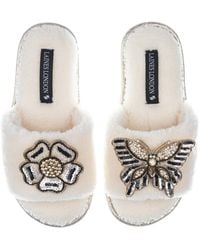 Laines London - Teddy Towelling Slipper Sliders With Butterfly & Flower Brooches - Lyst