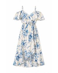 Yumi' - Neutrals Ivory Floral Print Bardot Midi Dress With Dip Hem - Lyst
