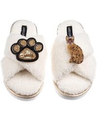 Laines London - Neutrals Boucle Slippers With Paw & Bengal Cat Brooches - Lyst