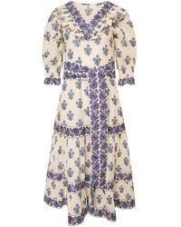 LAtelier London - Coletta Blue Floral Block Print Cotton Midi Dress - Lyst