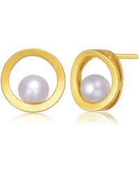 Genevive Jewelry - Sterling Plated With Genuine Freshwater Hollow Round Pearl Stud Earrings - Lyst