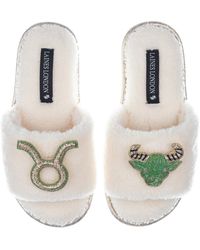 Laines London - Teddy Towelling Slipper Sliders With Taurus Zodiac Brooches - Lyst