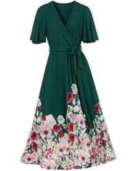 Yumi' - Mesh Wrap Midi Dress With Floral Hem Border - Lyst