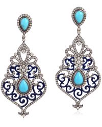 Artisan - Turquoise Pave Diamond 18k Gold Sterling Silver Dangle Earrings Jewelry - Lyst