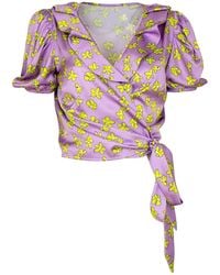 Lalipop Design - Lilac Floral Print Double-breasted Puff Sleeve Satin Blouse - Lyst