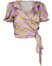 Lalipop Design - Lilac Floral Print Double-breasted Puff Sleeve Satin Blouse - Lyst