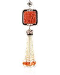 Artisan - 18k Rose Gold In Carved Coral & Onyx With White Sapphire Pearl Pave Diamond Beaded Tassel Pendant - Lyst