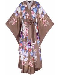 Meng - Chocolate Watercolour Flowers Silk Satin Wrap Dress - Lyst