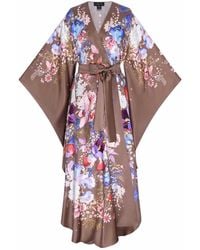 Meng - Chocolate Watercolour Flowers Silk Satin Wrap Dress - Lyst