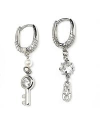 Kirei - Keycode Earrings – Asymmetrical Hoop Earrings With Shell Pearl, Cubic Zirconia & Safety Pin Charms - Lyst