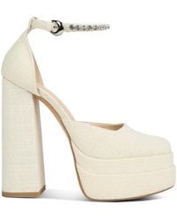 Rag & Co - Cosette Diamante Embellished Ankle Strap High Block Heel Sandals In Off - Lyst