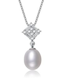 Genevive Jewelry - Cubic Zirconia Sterling Rhodium Plated Baguette Shape Pearl Drop Pendant - Lyst