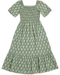 LAtelier London - Block Print Smocked Cotton Midi Dress - Lyst
