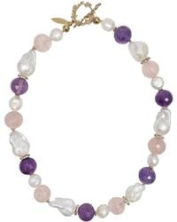 Farra - Baroque Pearls With Rose Quartz And Amethyst Necklace - Lyst
