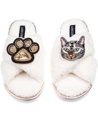 Laines London - Neutrals Laines Neutral Boucle Slippers With Cat & Paw Brooches - Lyst
