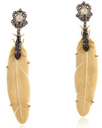 Artisan - 18k Gold & 925 Silver In Black With White Diamond Mammoth Feather Long Dangle Earrings - Lyst