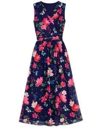 Yumi' - Blurred Floral Print Mesh Stretch Midi Dress With Pockets - Lyst