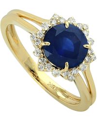Artisan - Solid 18k Gold With Round Shape Blue Sapphire Gemstone & Natural White Diamond Solitaire Ring - Lyst