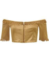 Why Mary - Off The Shoulder Velvet Crop Top With 3/4 Sleeves - Lyst