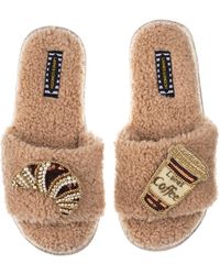 Laines London - Teddy Towelling Slipper Sliders With Coffee & Croissant Brooches - Lyst