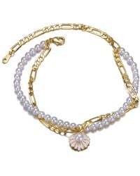 Genevive Jewelry - Plated Double Layer Pearl & Shell Charm Anklet - Lyst
