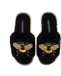 Laines London - Teddy Toweling Slipper Sliders With Double Honeybee Brooches - Lyst
