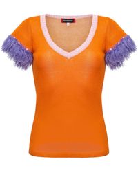 Andreeva - Orange Top With Handmade Knit Details & Pearl Buttons - Lyst