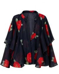 concept A trois - Chiffon Blouse With Rose Print And Ample Ruffles - Lyst