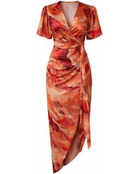Girl In Mind - Drew Puff Sleeve Wrap Front Midi Dress Abstract - Lyst