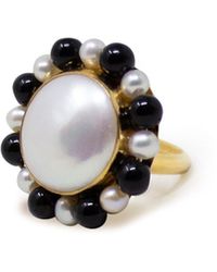 Vintouch Italy - Lotus Gold-plated Pearl And Onyx Ring - Lyst