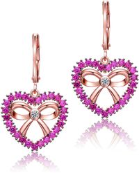 Genevive Jewelry - Rose Plated Heart Dangle Earrings With Ruby Cubic Zirconia - Lyst
