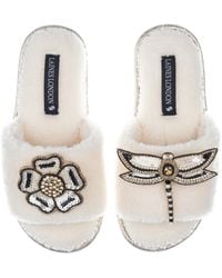 Laines London - Teddy Towelling Slipper Sliders With Dragonfly & Flower Brooches - Lyst