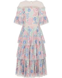 Frock and Frill - Neutrals Erica Floral Embroidered Tiered Midi Dress - Lyst