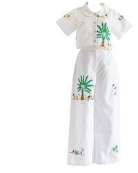 Sugar Cream Vintage - Re-top & Trousers Embroidered Palm Tree Landscape Set - Lyst