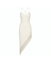 Nomi Fame - Ondine Creamy Dress With Asymmetric Skirt And Beaded Fringes - Lyst