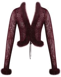 Miss Circle New York - Hali Burgundy Animal Print Burnout Velvet Fur Trim Top - Lyst