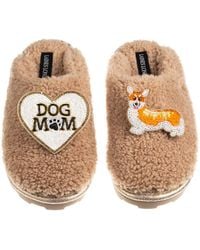 Laines London - Neutrals Teddy Closed Toe Slippers With Dog Mum/Mom & Peach The Corgi Brooches - Lyst