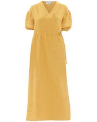 Haris Cotton - Wrap Midi Linen Dress With Puffy Short Sleeves - Lyst